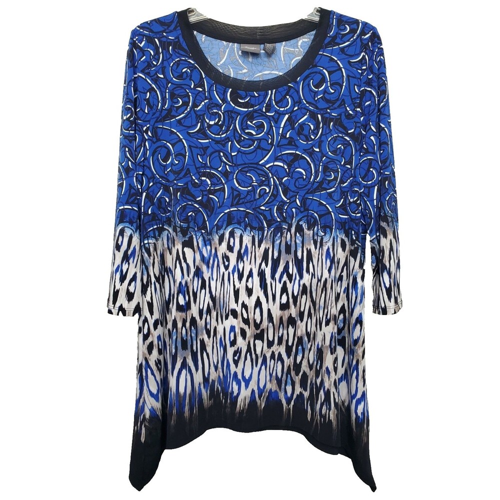 Chico's Travelers Mixed Pattern Scoop Neck Handkerchief Hem Tunic Size 1 Medium